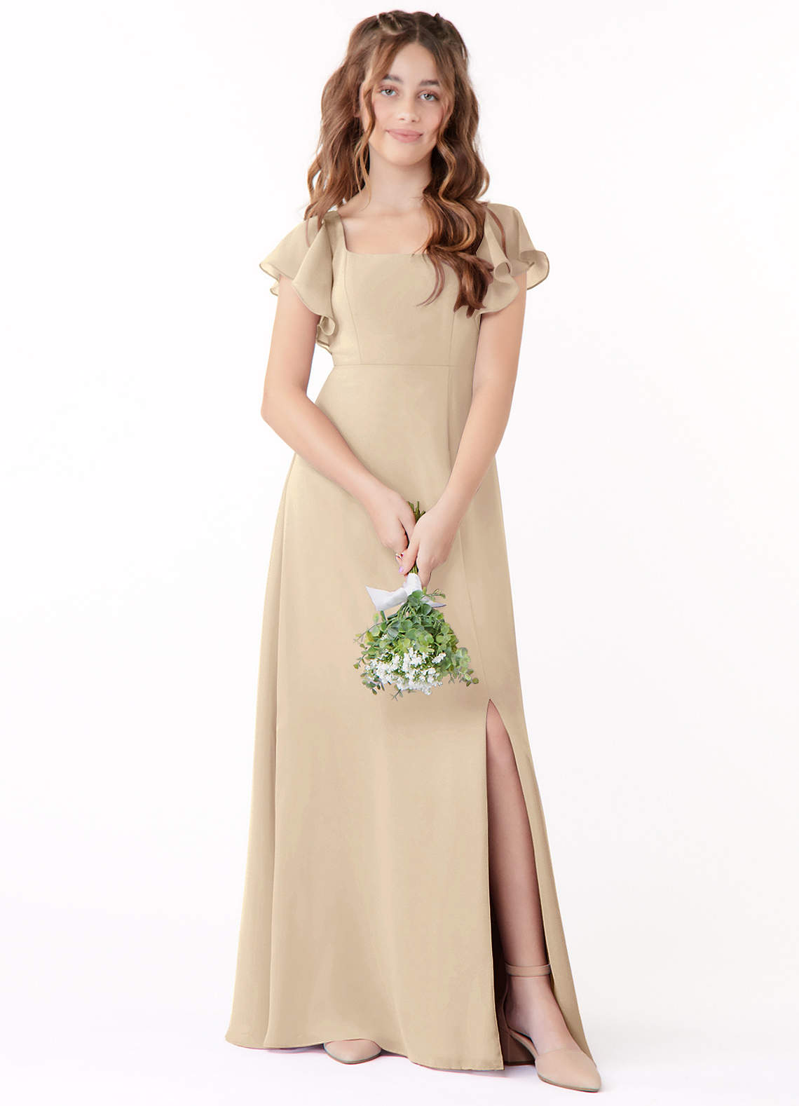 Azazie Bondi Junior Champagne A-Line Bow Chiffon Dress image1