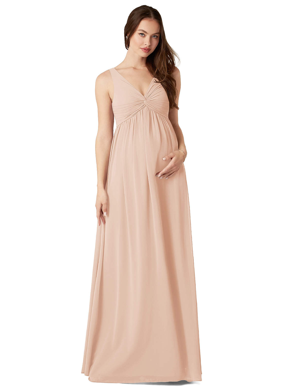Azazie Yetta Maternity Bridesmaid Dresses A-Line V-Neck Gathered Chiffon Floor-Length Dress image1