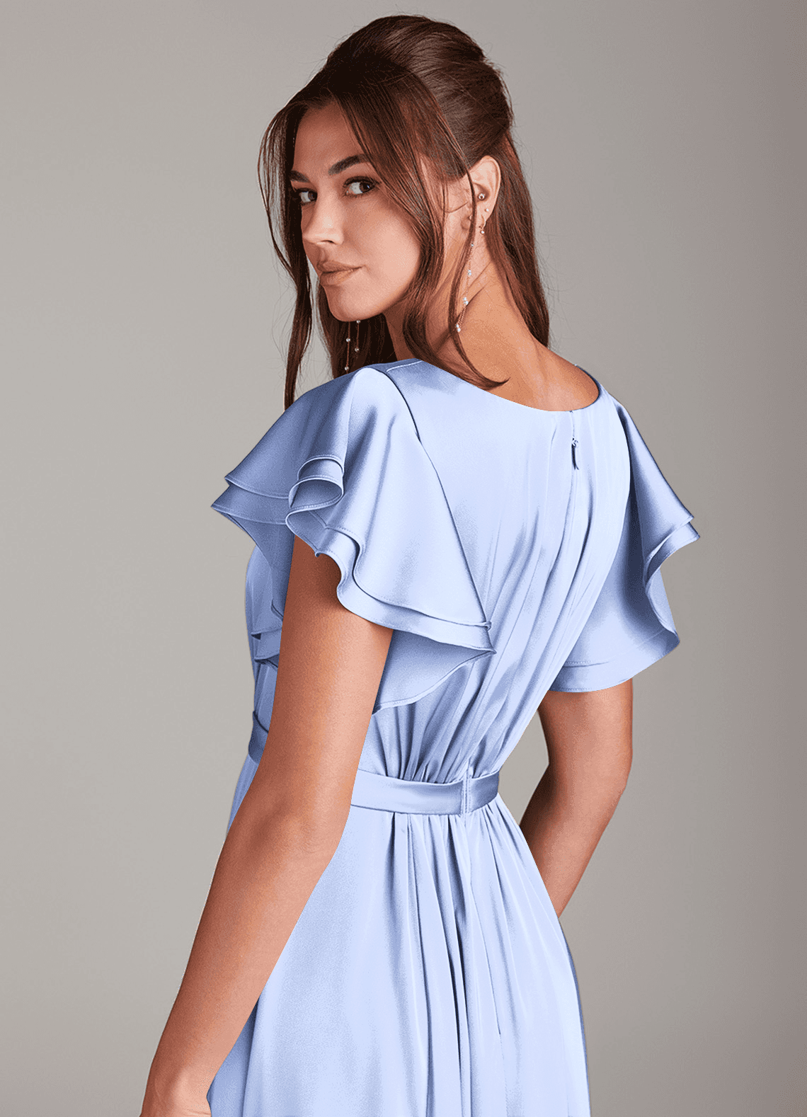 Azazie Daphne At-home Try On Dresses A-Line Ruched Stretch Satin Floor-Length Dress image4