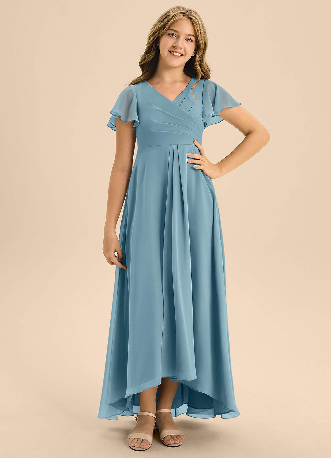Azazie Induh Junior Moody Blue A-Line Pleated Chiffon Dress image1