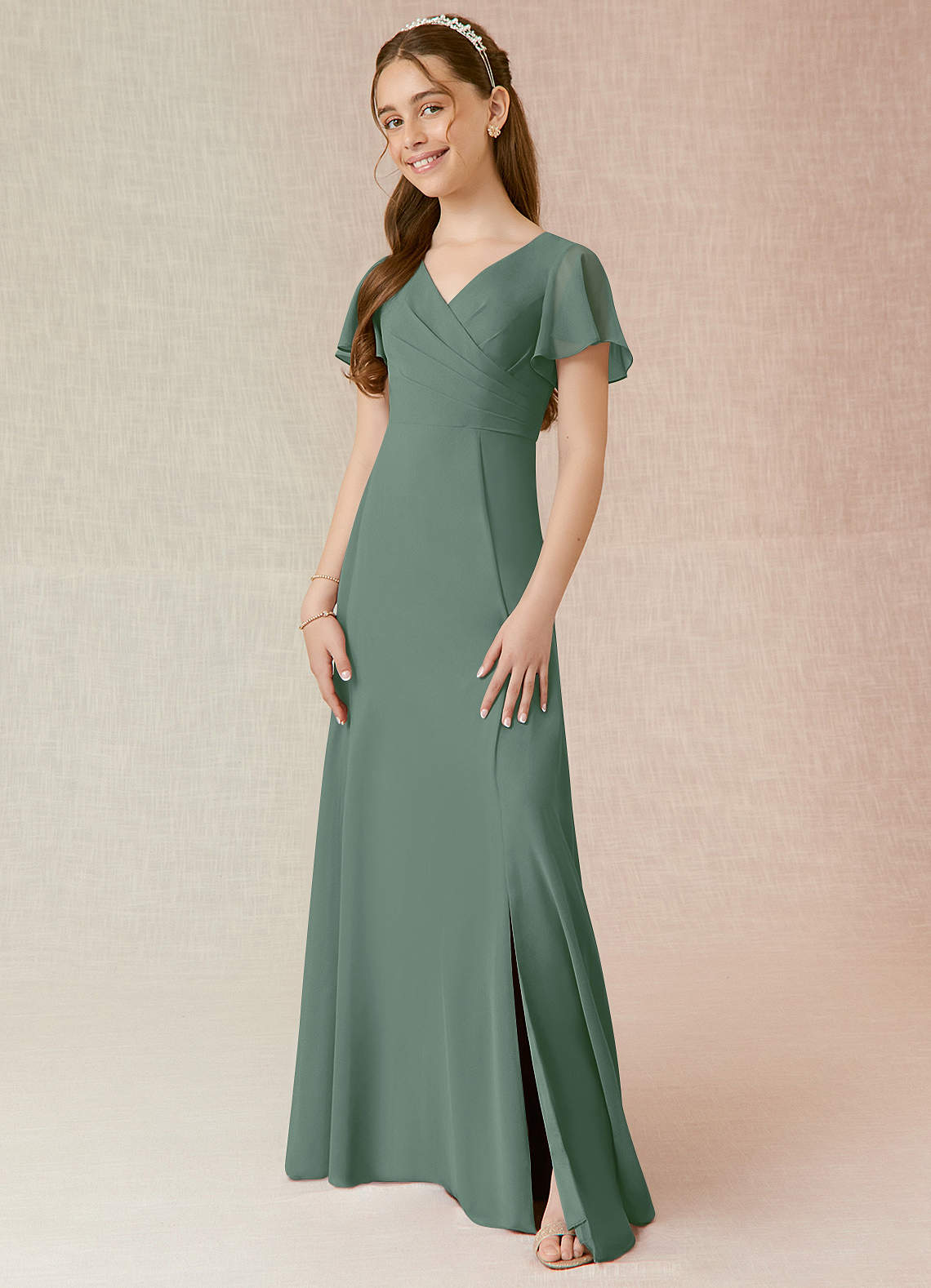 Azazie Induh Junior Eucalyptus A-Line Ruched Chiffon Dress image1