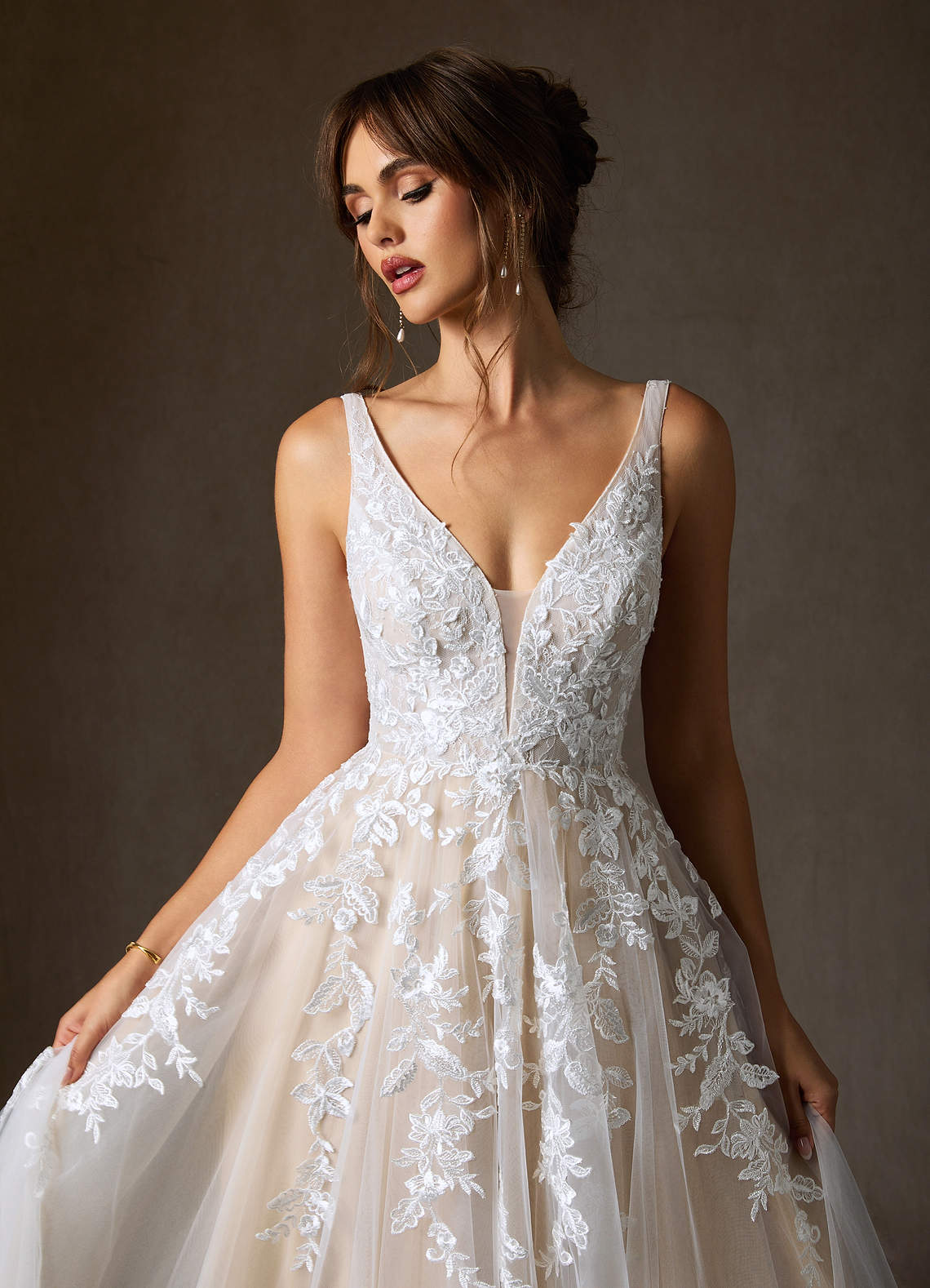 Azazie Sorella Wedding Dresses Diamond White Champagne A-Line V-Neck Sequins Tulle Dress image7