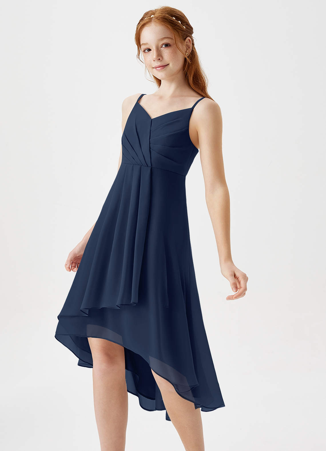 Azazie Mariam Junior Dark Navy A-Line Pleated Chiffon Dress image1