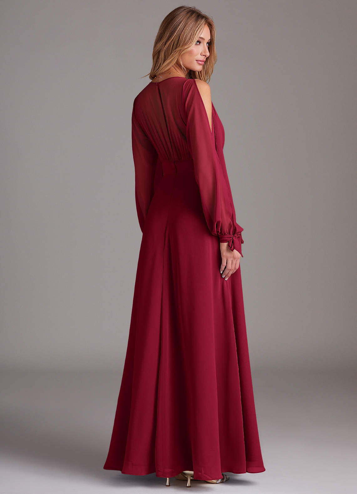 burgundy chiffon dress with sleeves Chic Satin V-Neck Long Burgundy Chiffon Bridesmaid Dresses with Flutte –  Newinlook main image 1