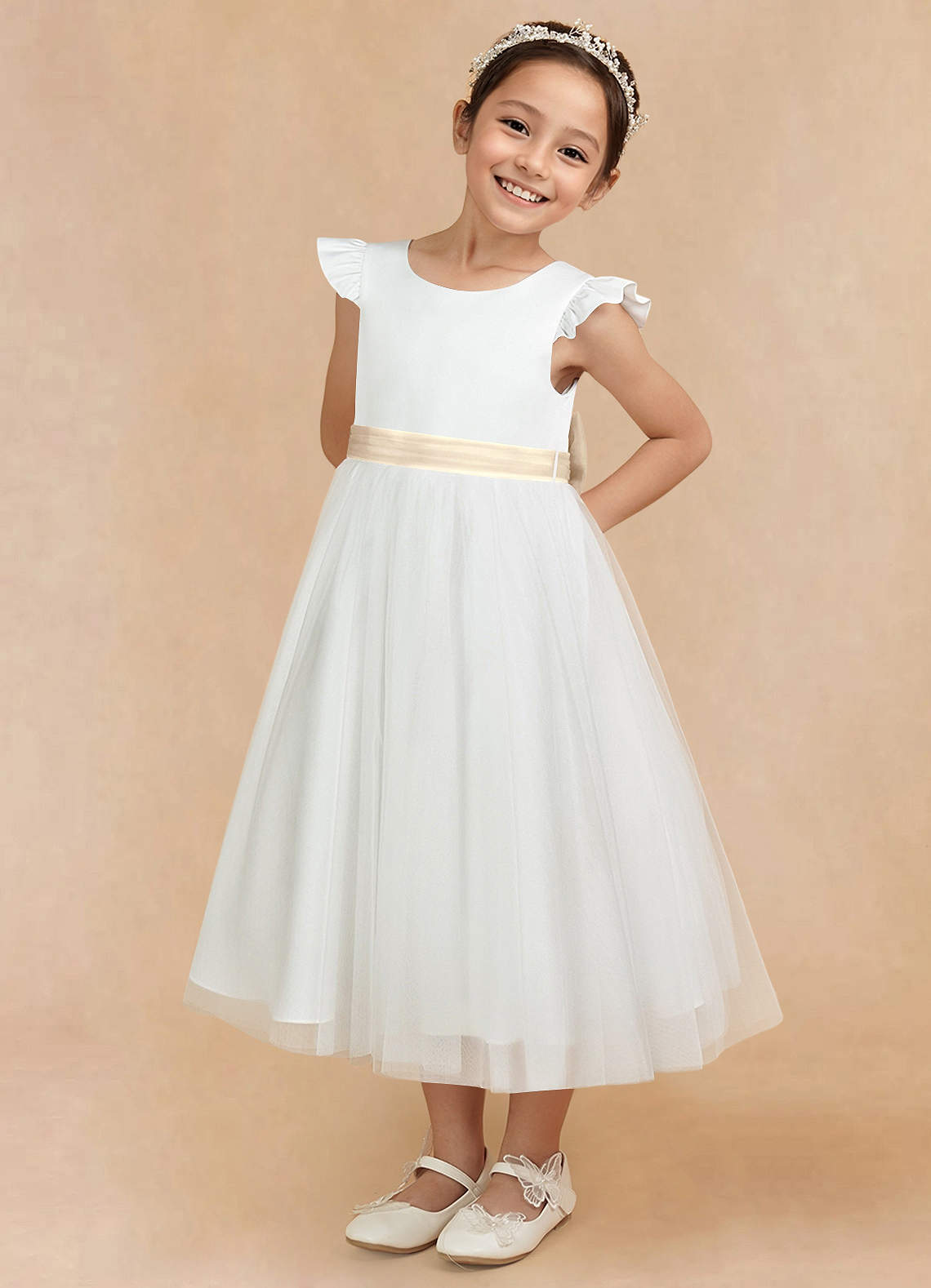 Azazie Hemi Flower Girl Dresses Ivory Champagne A-Line Bow Tulle Dress image1