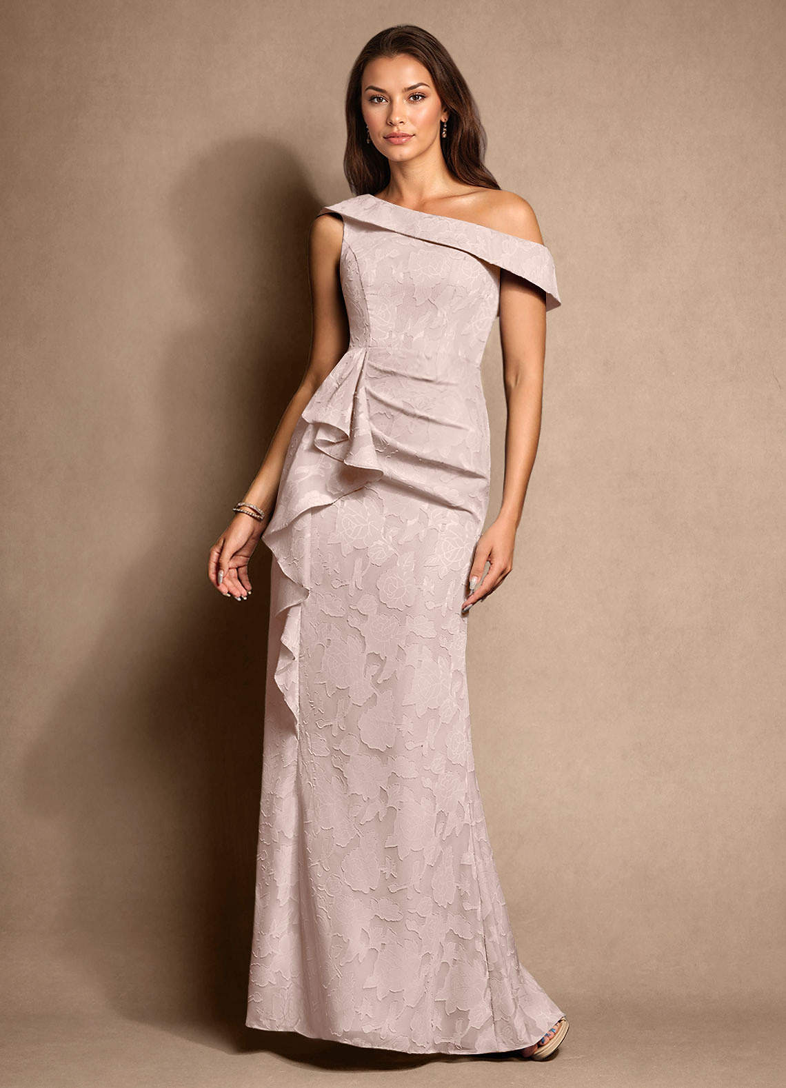 Azazie Hamptons Mother of the Bride Dresses Blushing Pink A-Line Pleated Floral Burnout Dress image1