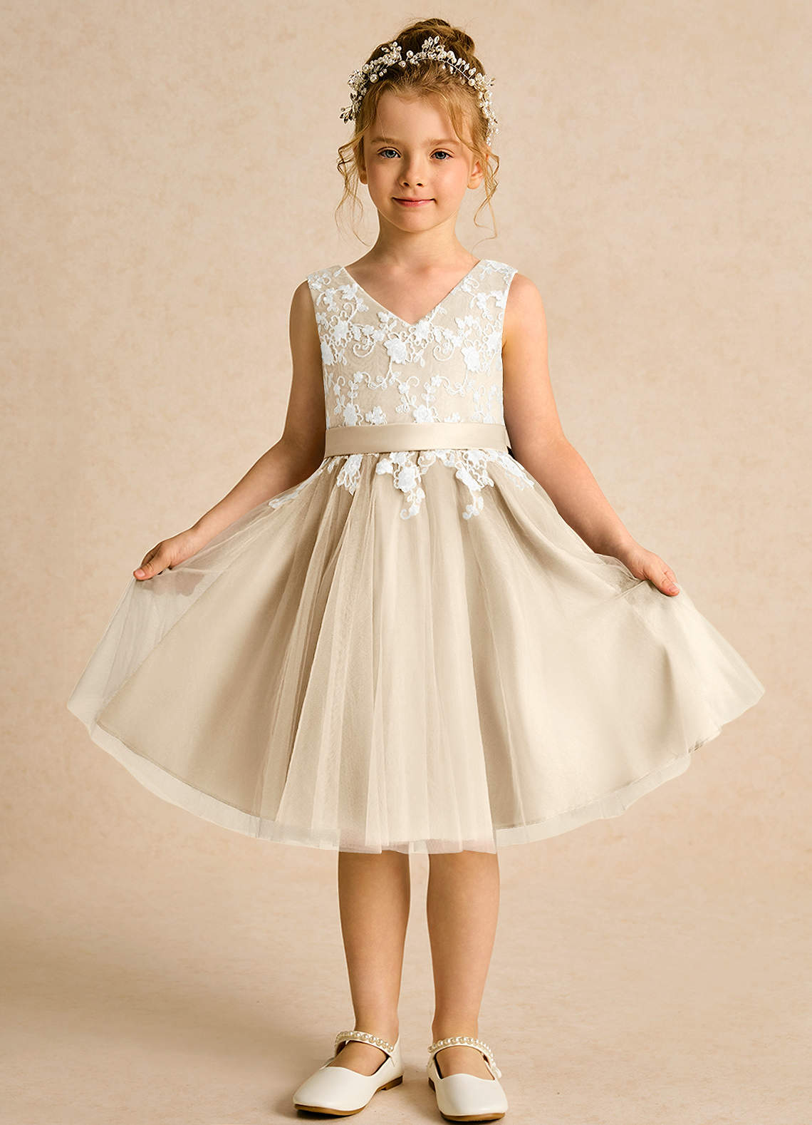 Azazie Butterfly Flower Girl Dresses Champagne A-Line Lace Dress image1