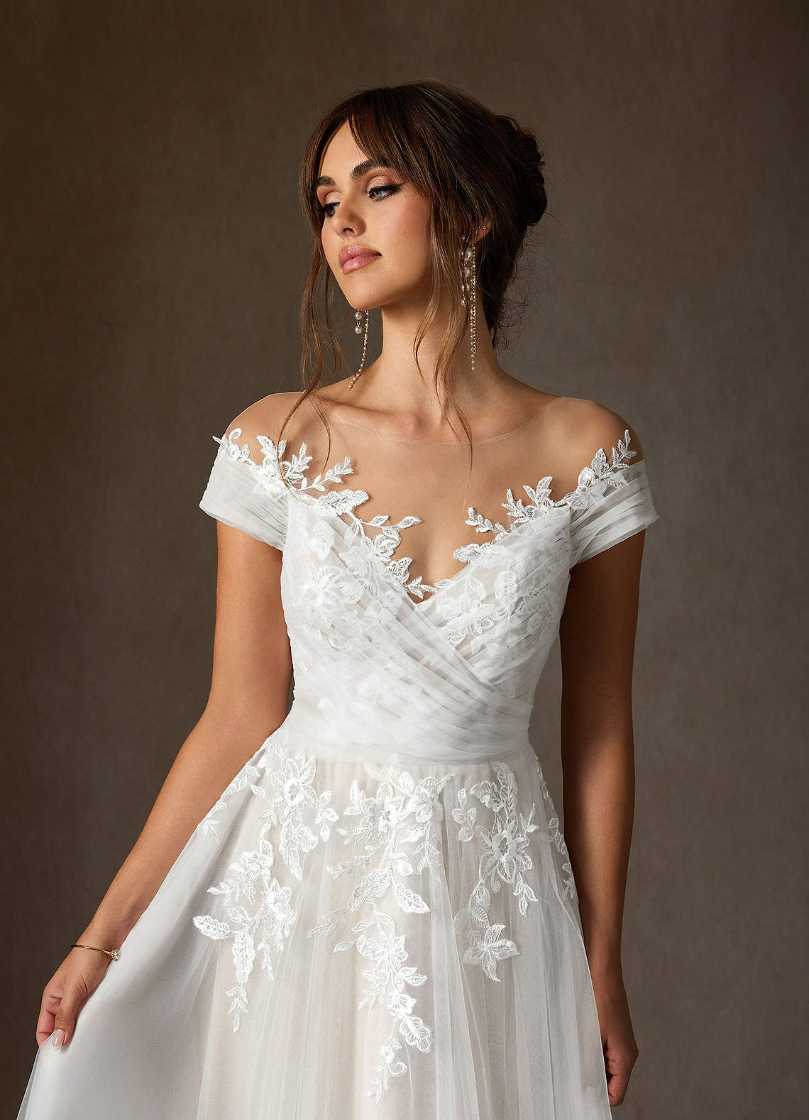 Azazie Cindy Wedding Dresses Diamond White A-Line Illusion Off-The-Shouler Lace Tulle Dress image9