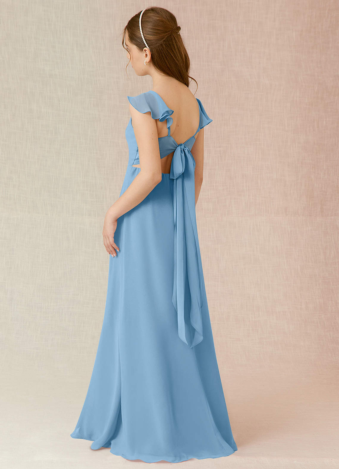 Azazie Everett Junior Vestido de Azul Acero de Gasa de Corte En A image3