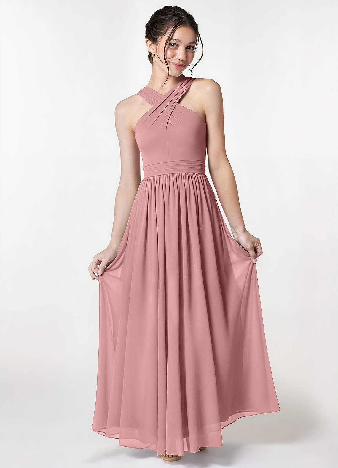 Azazie Jiya Junior Dusty Rose A-Line Pleated Mesh Dress image1