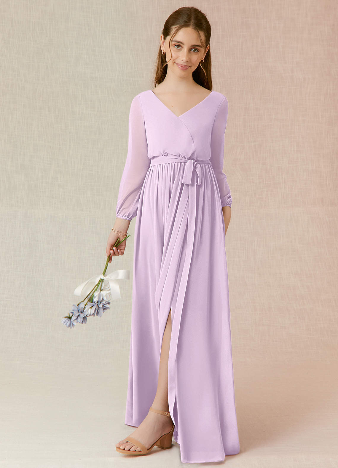 Azazie Angelica Junior Frosted Lilac A-Line Pleated Chiffon Dress image1