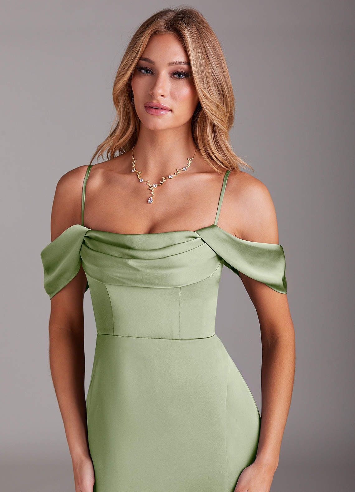 Azazie Saige Bridesmaid Dresses Dusty Sage Sheath Off the Shoulder Stretch Satin Dress image1