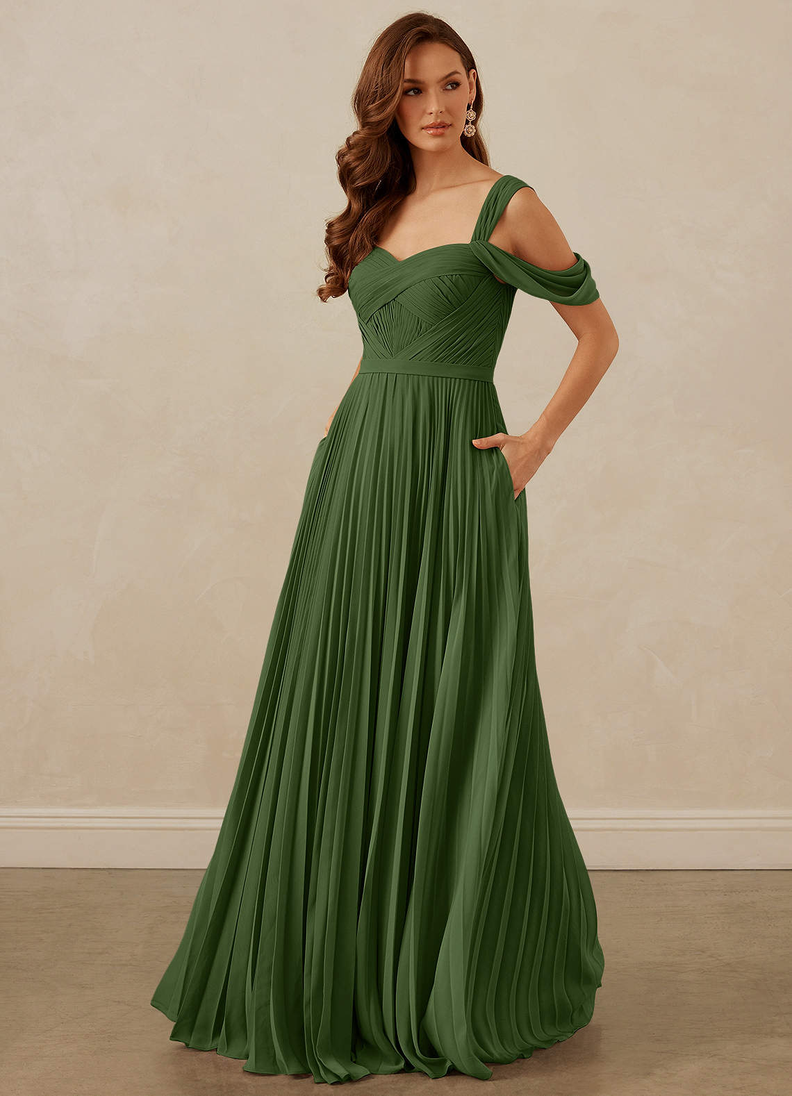 Christian Siriano Bridal for Azazie 1013 Bridesmaid Dresses Olive A-Line Off the Shoulder Chiffon Dress image1