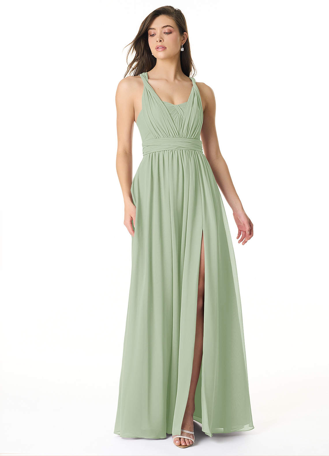 Azazie Olani Bridesmaid Dresses Dusty Sage A-Line Off the Shoulder Chiffon Convertible Dress image1