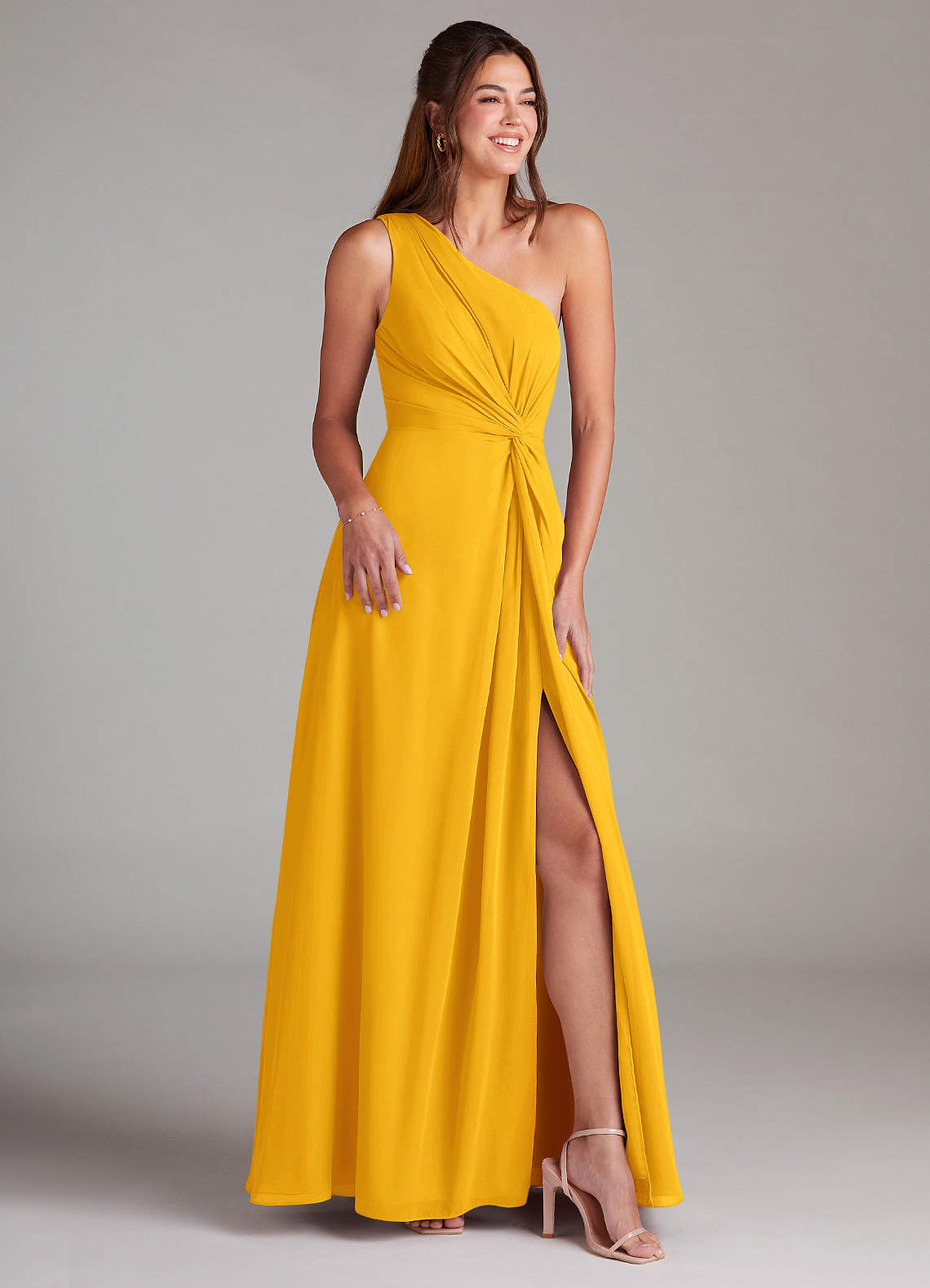 Azazie Brooke Bridesmaid Dresses Marigold A-Line One Shoulder Chiffon Dress image3