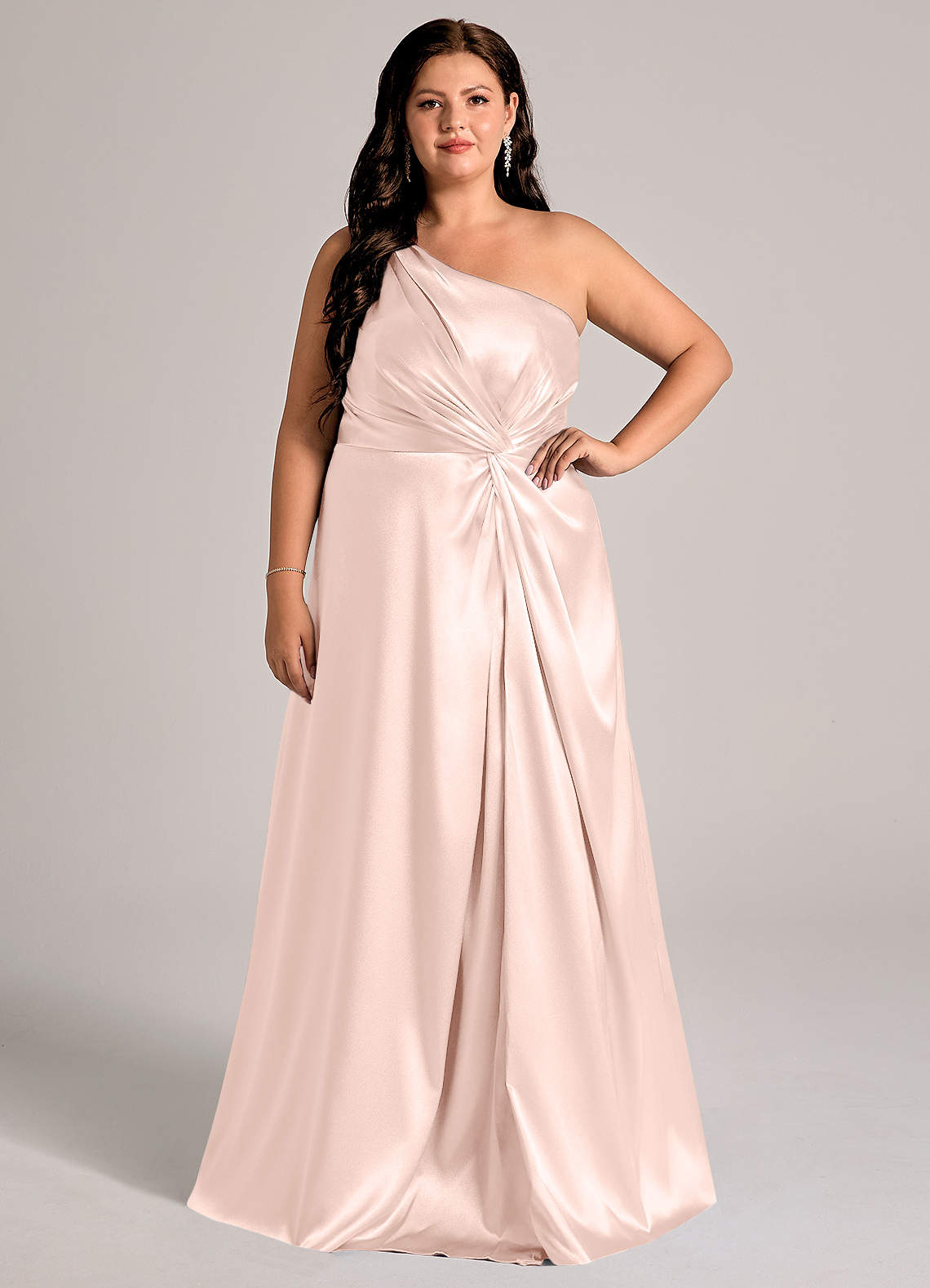 Azazie Brooke Bridesmaid Dresses Rose Gold A-Line One Shoulder Metallic Satin Dress image1