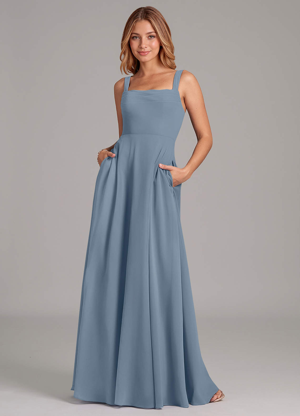 Azazie Shaude Brautjungfernkleider A-Linie Plissee Chiffon Kleid Staubblau image1