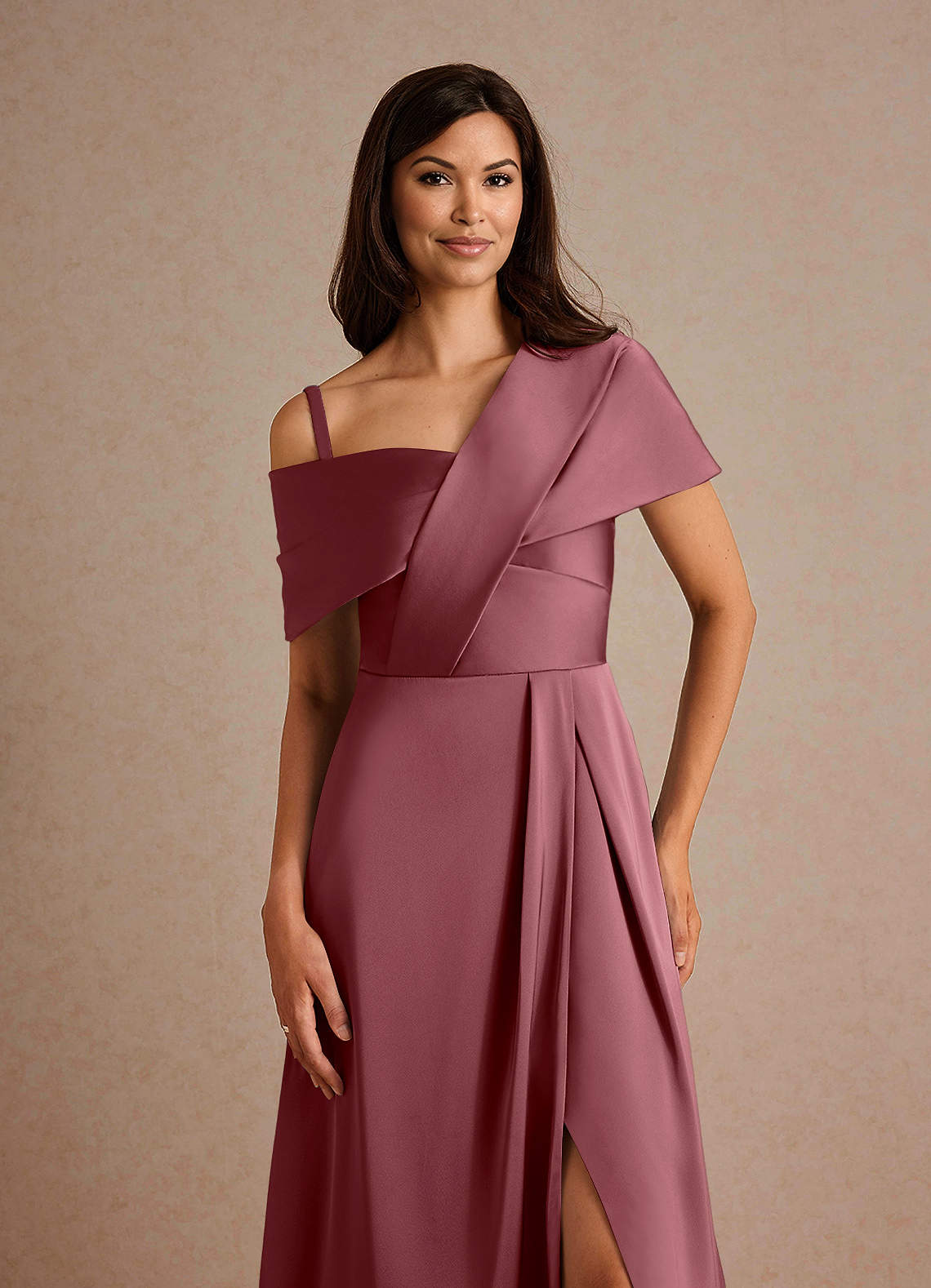 Azazie Milton Mother of the Bride Dresses Desert Rose A-Line Pleated Stretch Satin Dress image2