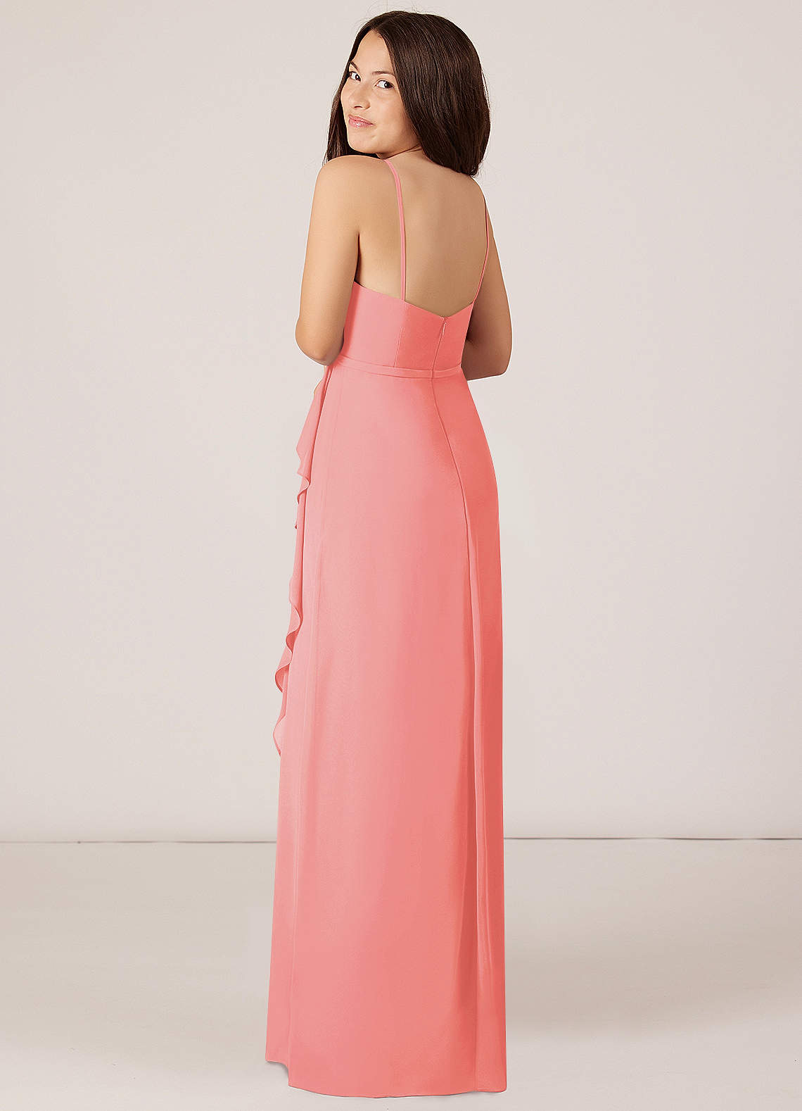 Azazie Kaylee Junior Vestido Coral de Chiffon de Linha A com com cinto image4