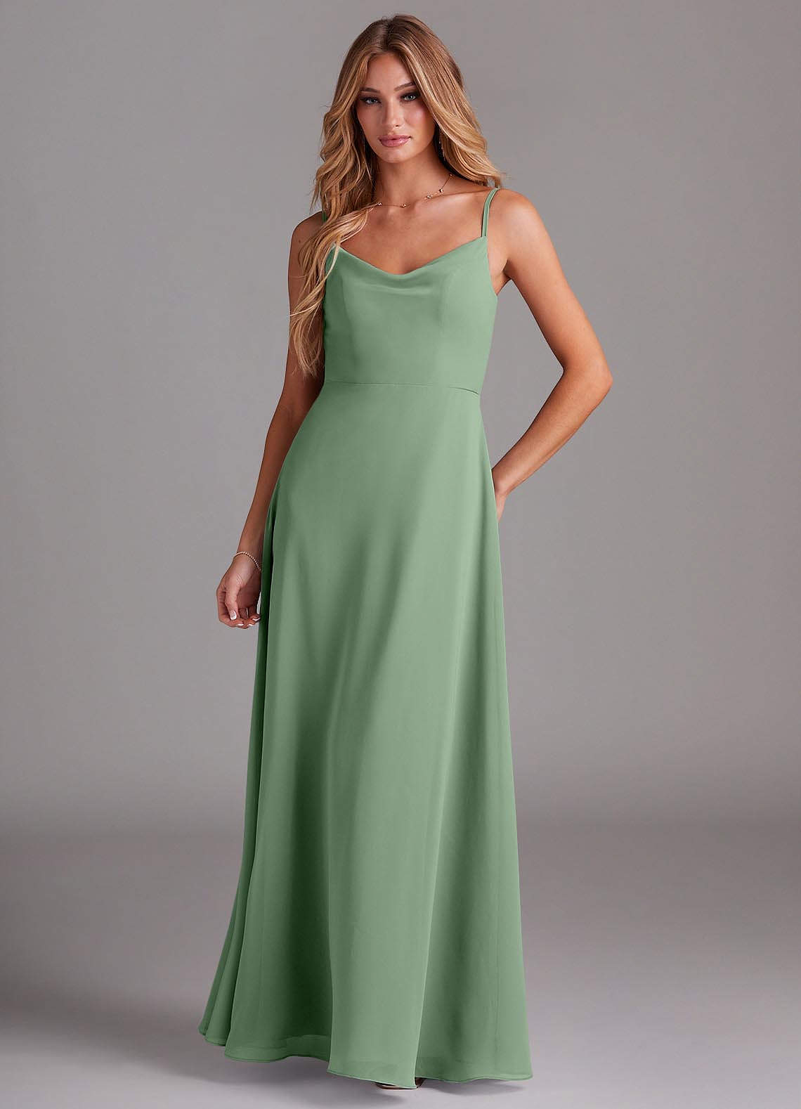 Azazie Daenerys Vestidos de damas de honor Vestido de Matcha de Gasa de Corte en A con Vaca image1