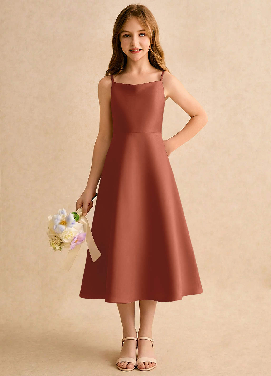 Azazie Jaella Girls Formal Kukkatyttöjen mekot A-linja Laskostettu Matta satiini Tee-pituus Mekko image4