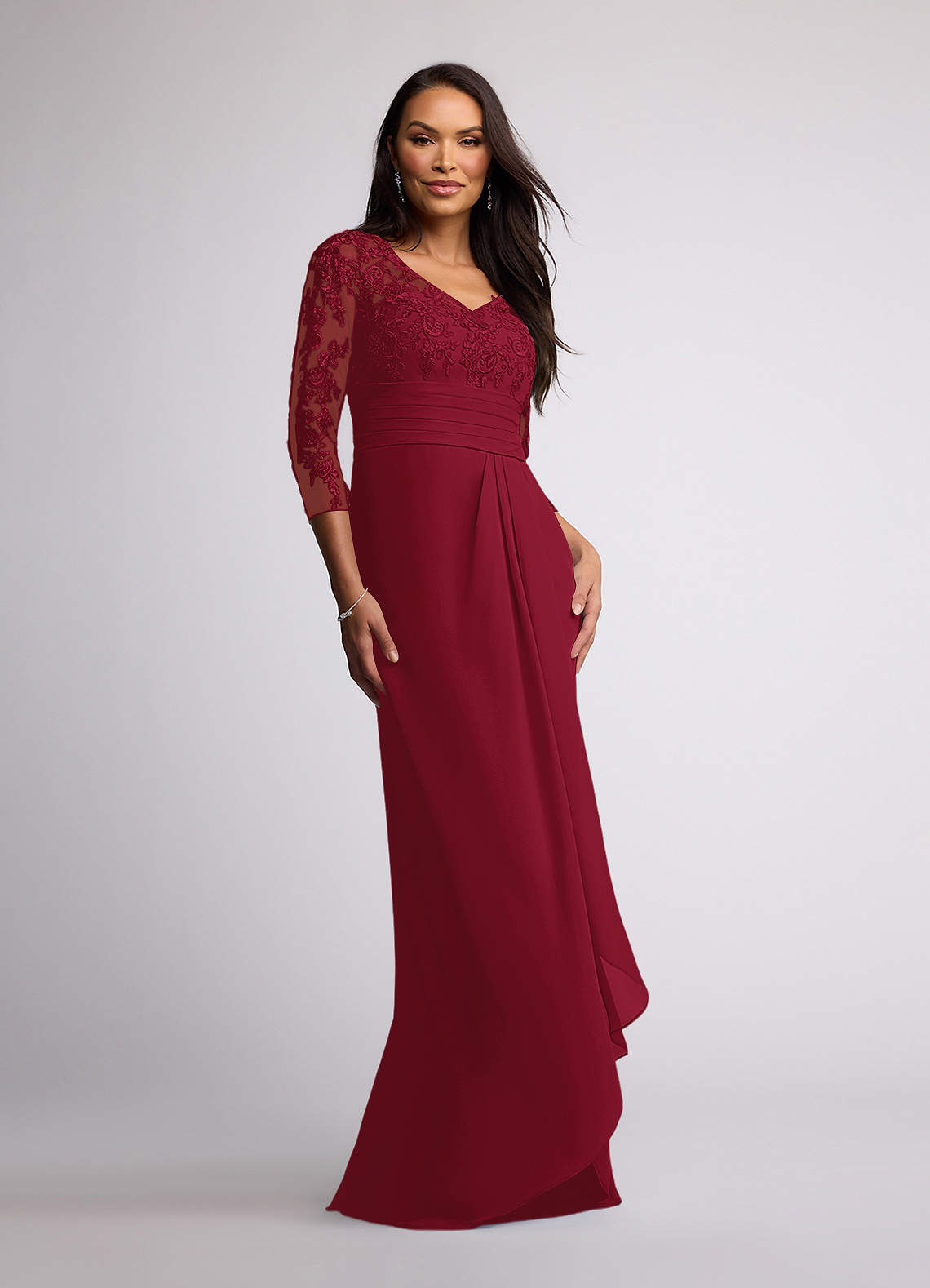 Azazie Joan Burgundy Sheath V-Neck Lace Chiffon Dress Ready to Ship | Azazie