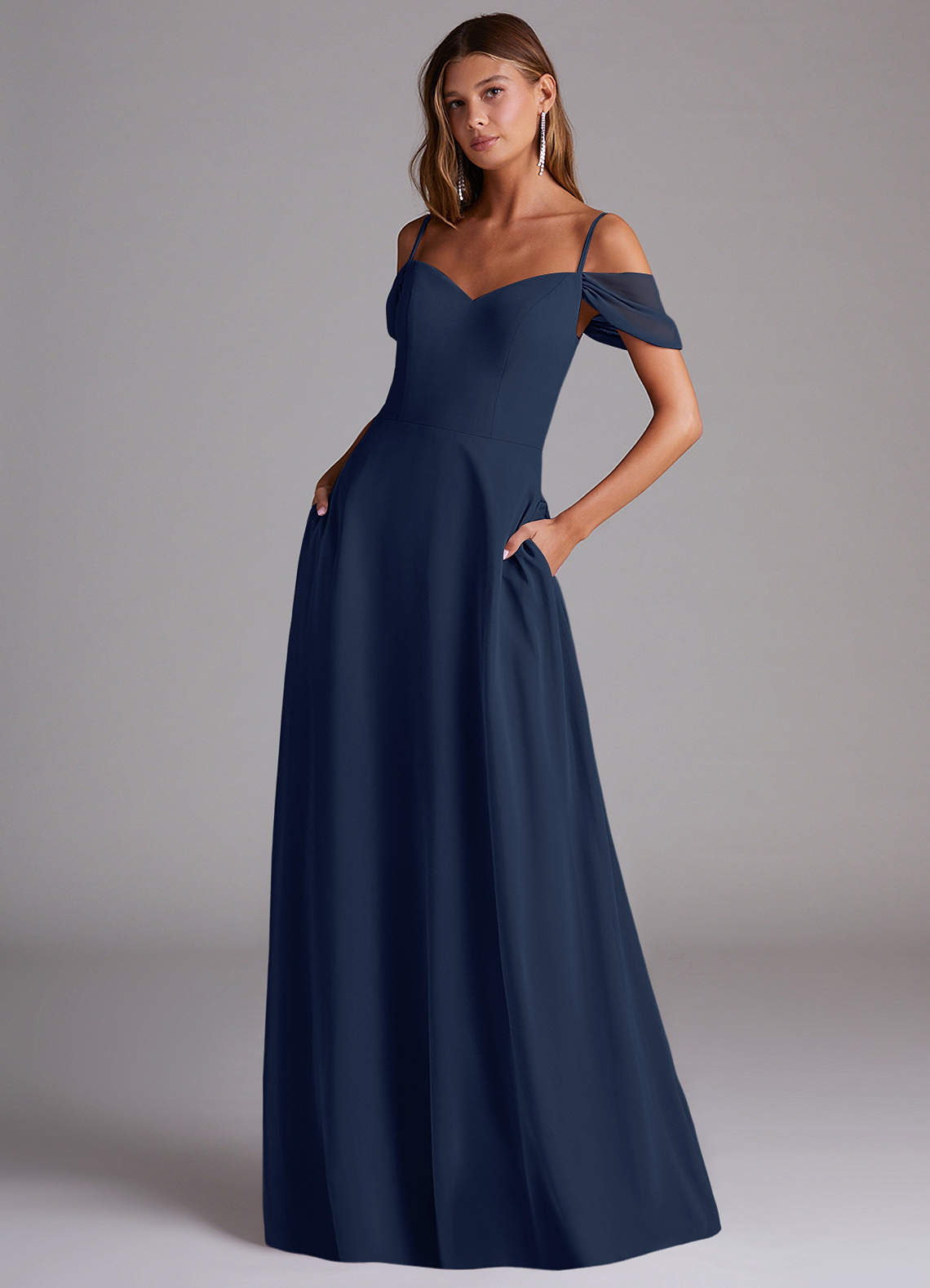 Azazie Marley Bridesmaid Dresses Dark Navy A-Line Off the Shoulder Chiffon Convertible Dress image1