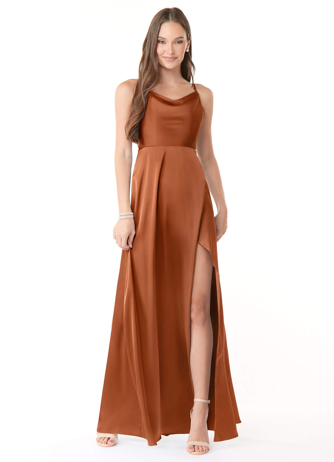 Azazie Naomie Bridesmaid Dresses Copper A-Line Cowl Neckline Side Slit Stretch Satin Dress image1