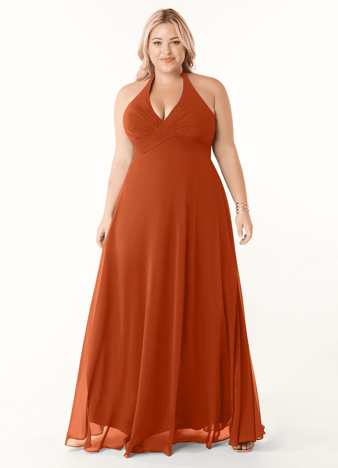 Azazie Tessie Vestidos de damas de honor Vestido de Naranja Quemada de Gasa de Corte en A con Cuello en V plisado image5