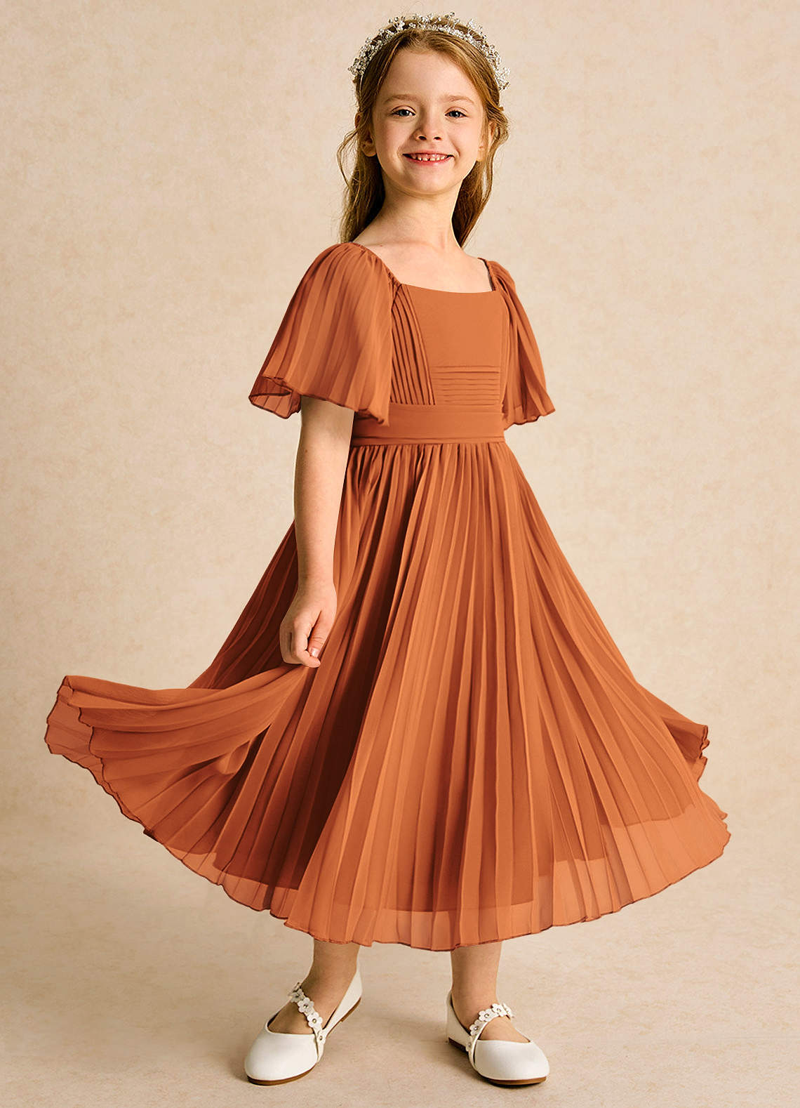 Azazie Gisele Flower Girl Dresses Cinnamon A-Line Pleated Chiffon Dress image1