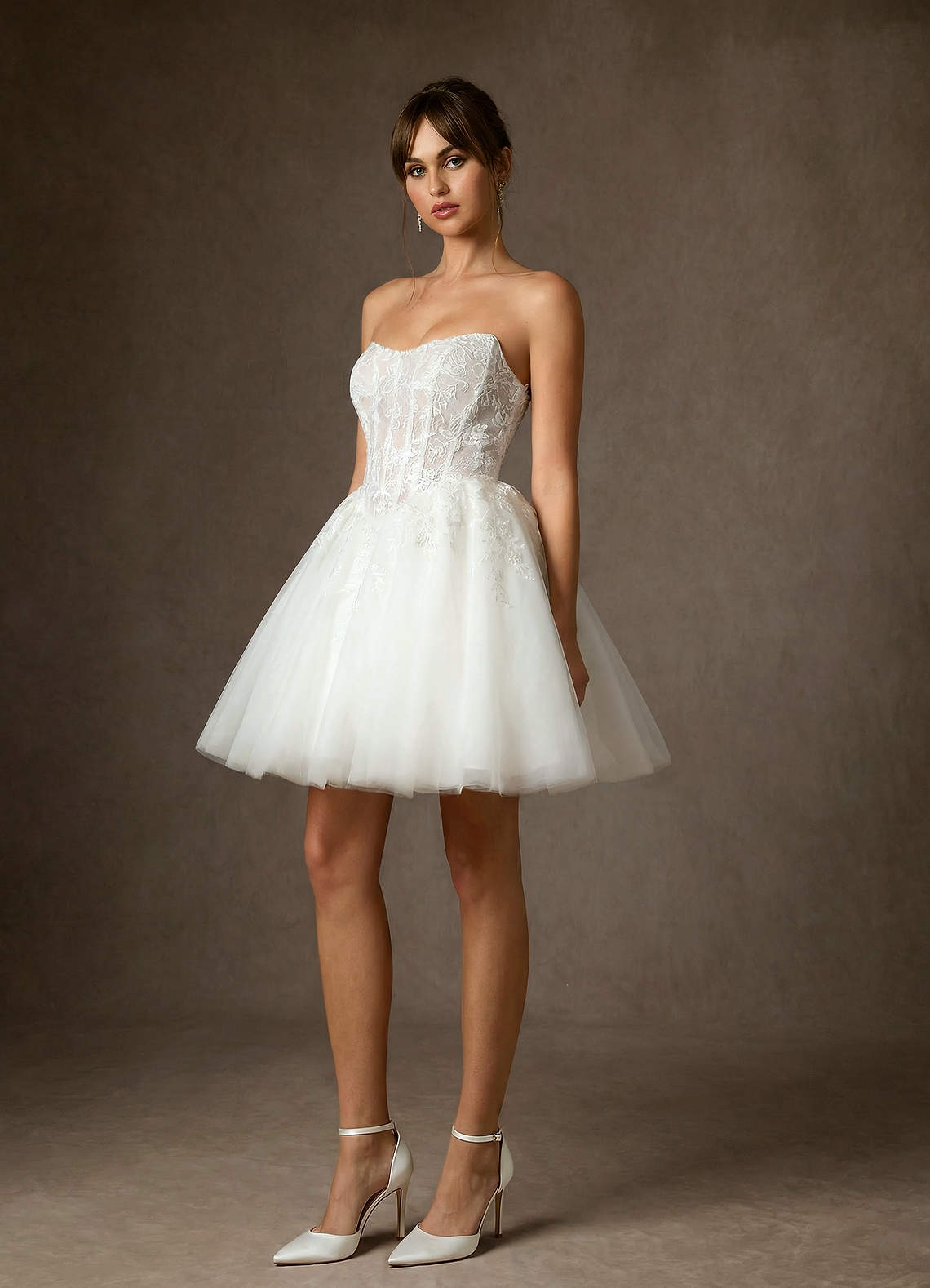 Azazie Anaiza Abiti da Sposa Abito Principessa in Pizzo Senza Cinturino Bianco Diamante image3