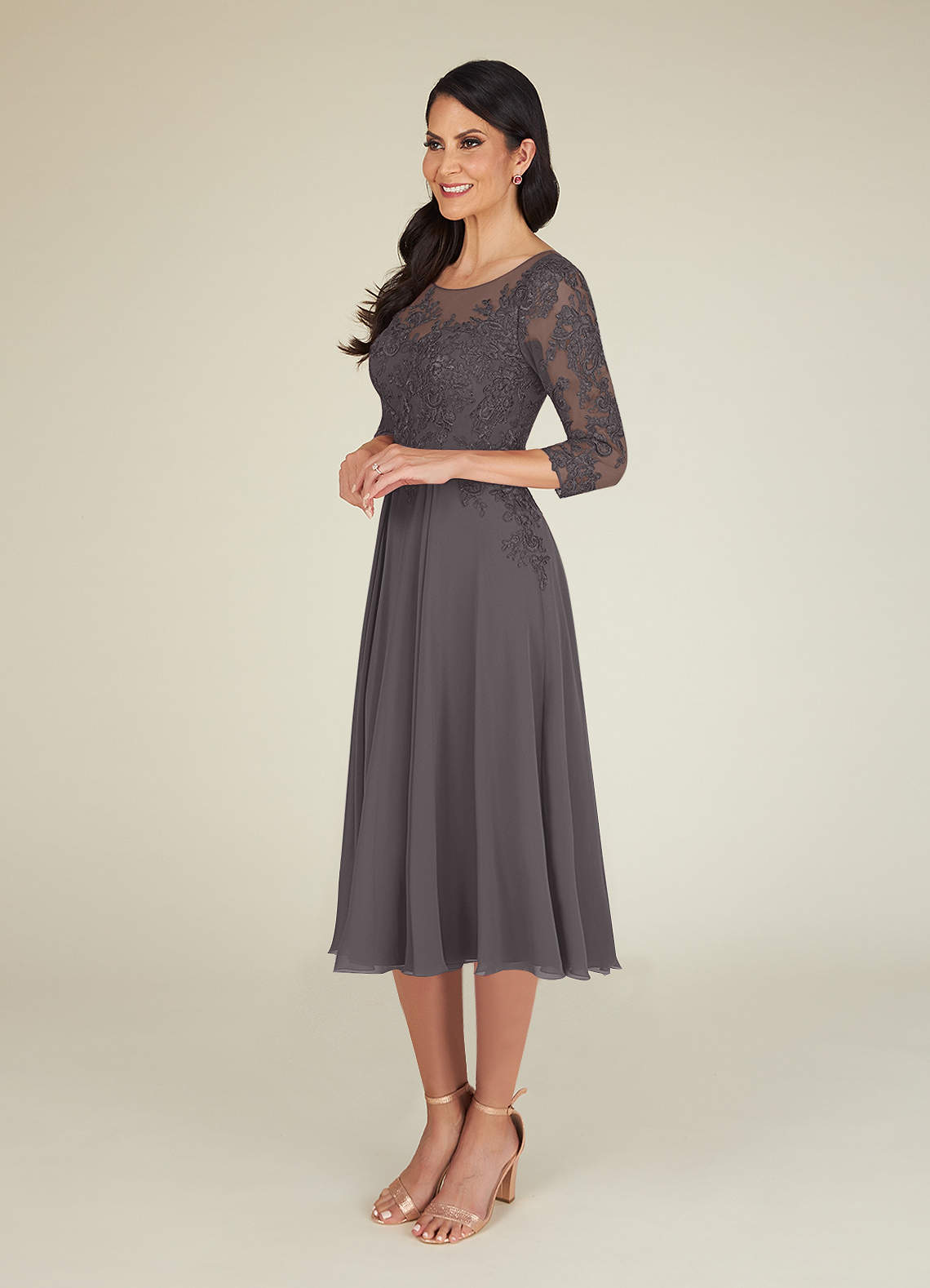 A-Line Lace Applique Chiffon Tea-Length Dress Mist main image 1