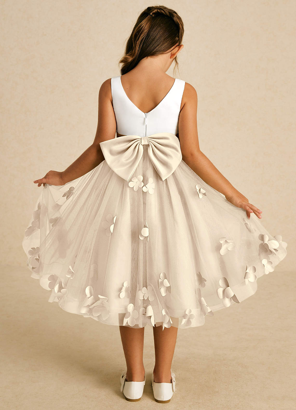 Azazie Sprout Flower Girl Dresses Champagne A-Line Bow Tulle Dress image1