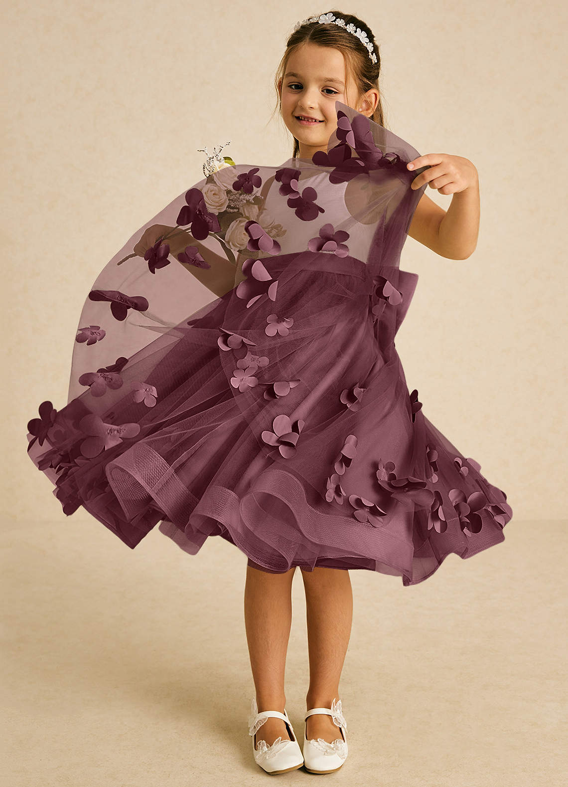 Azazie Sprout Flower Girl Dresses Sangria A-Line Bow Tulle Dress image2
