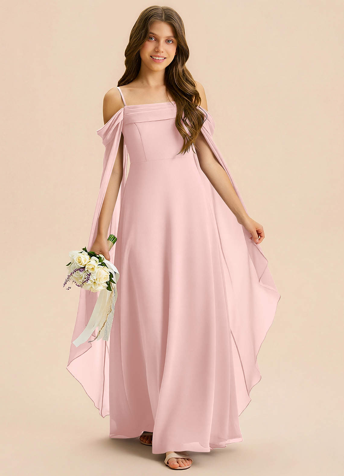 Azazie Moana Junior Powder Pink A-Line Pleated Chiffon Dress image2