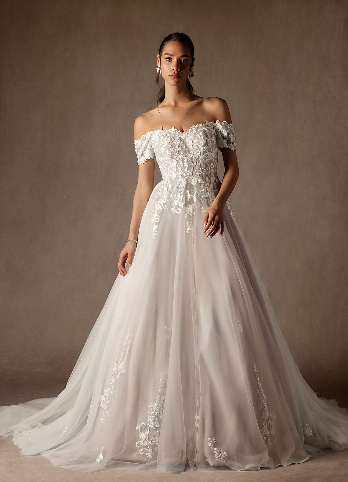Azazie Rowe Wedding Dresses Diamond White Caramel Ball-Gown Off the Shoulder Tulle Dress image1