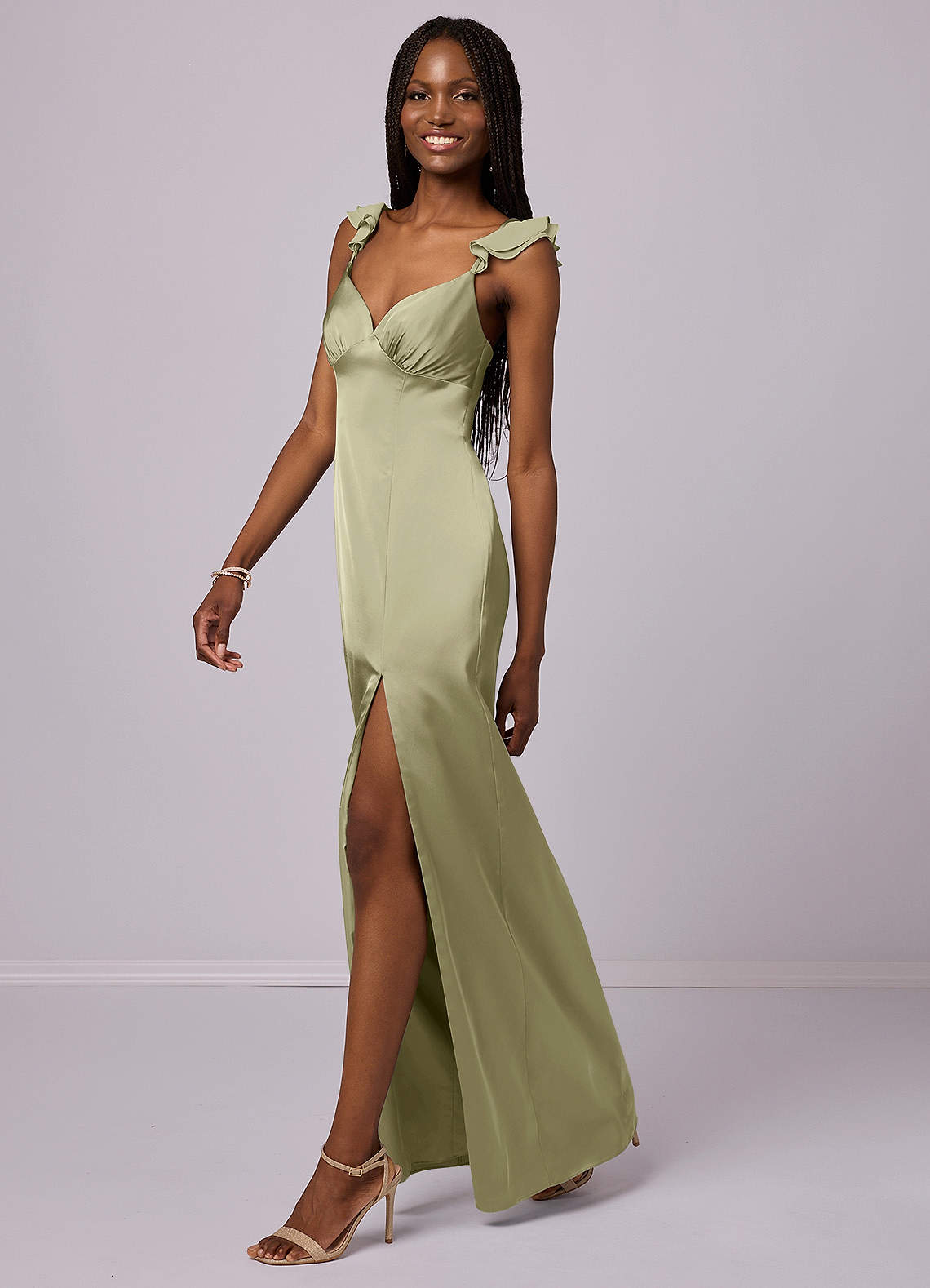 Barbie ♥ Azazie Robes de demoiselle d'honneur Robe Fourreau en Satin extensible Pistache image1
