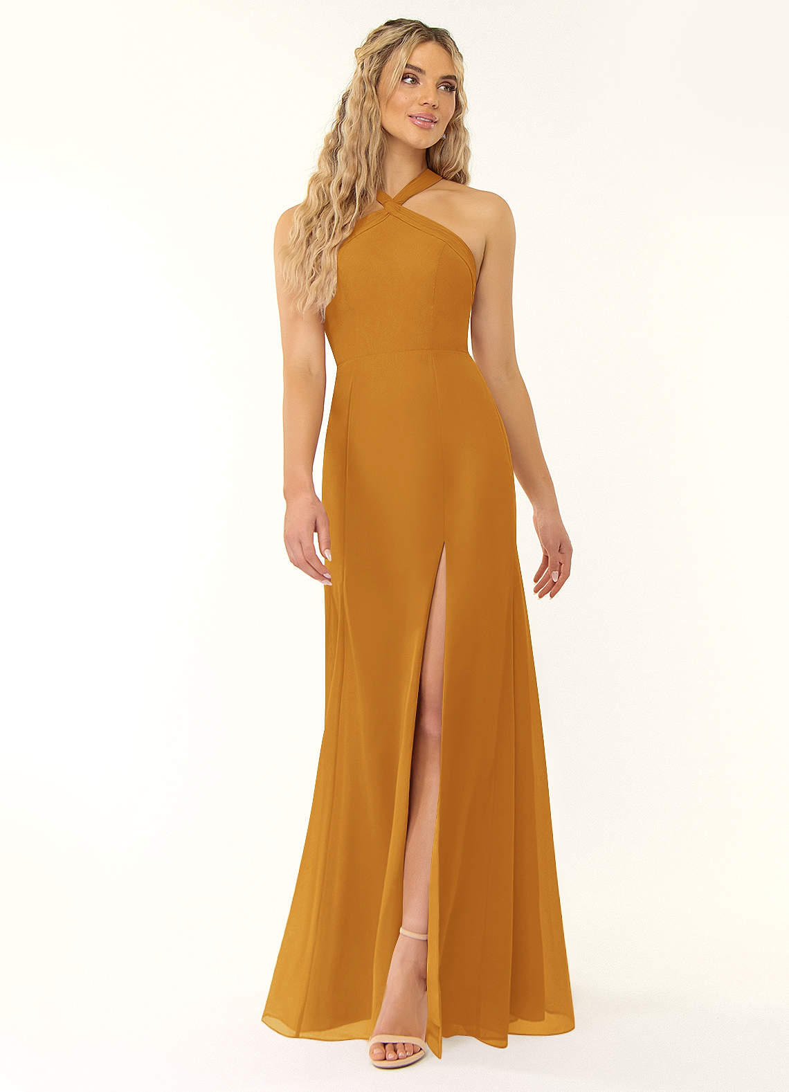 Azazie Rue Bridesmaid Dresses Butterscotch A-Line Halter Chiffon Dress image1