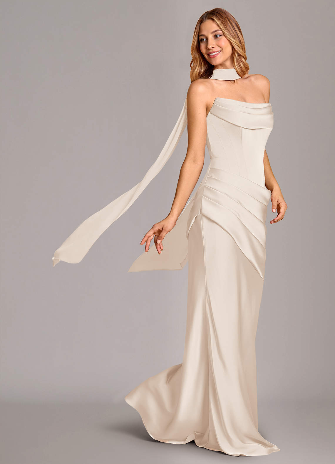 Azazie Pelagia Bridesmaid Dresses White Alabaster Mermaid Corset Stretch Satin Convertible Dress image1