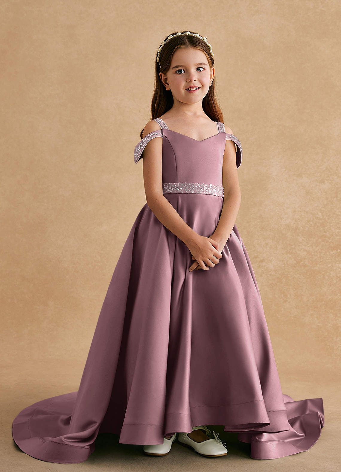 Azazie A Line Princess V Neck Chapel Train Tulle Flower Girl Dresses Vintage Mauve