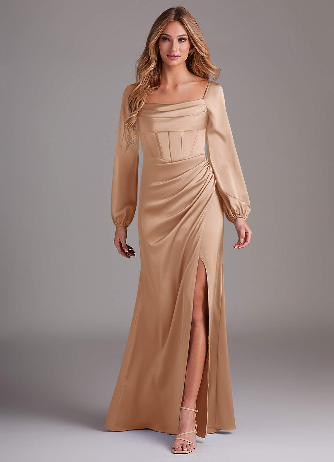 Azazie Charissa Bridesmaid Dresses English Rose Sheath Long Sleeve Stretch Satin Dress image1