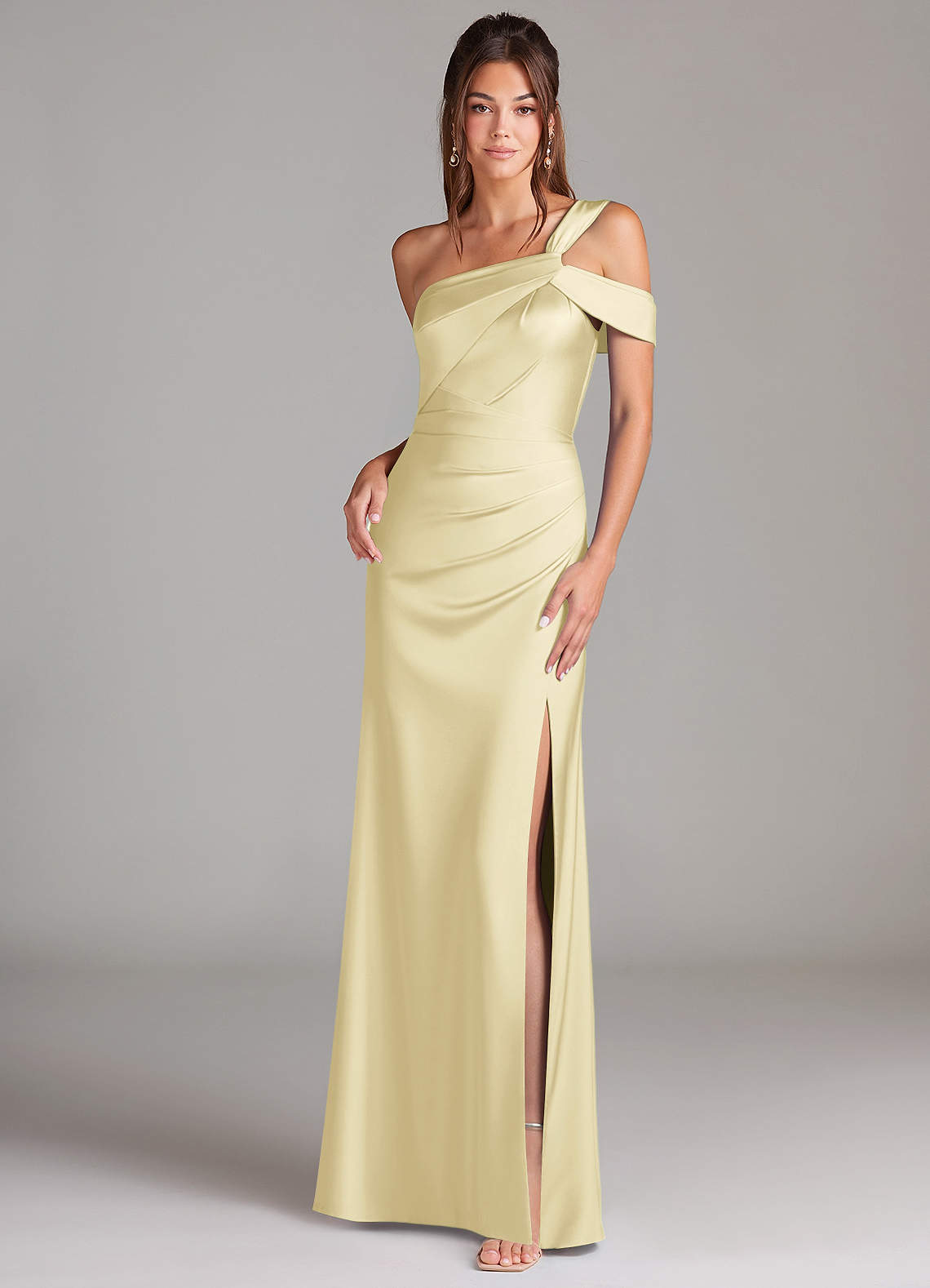 Azazie Sheath One-Shoulder Floor-Length Stretch Satin Bridesmaid Dresses - Lemon Sorbet