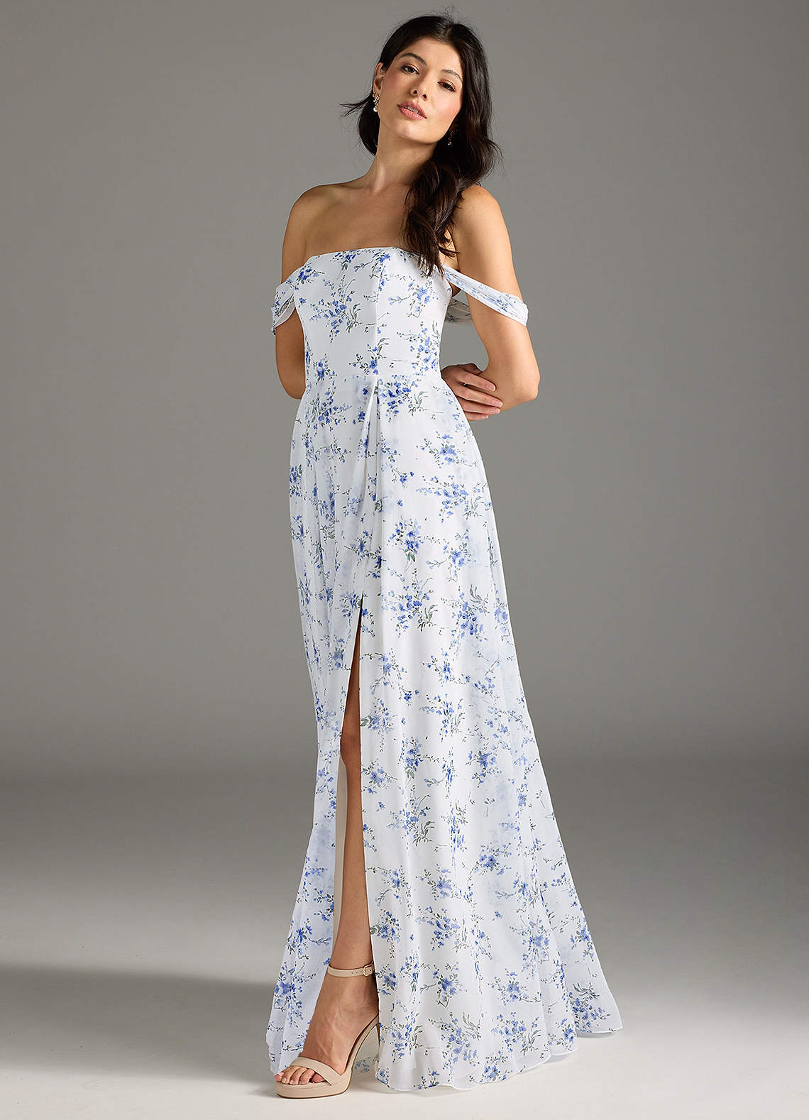 Azazie Chrysanta Final Sale Blue Cottage Floral A-Line Off the Shoulder Chiffon Convertible Dress image1