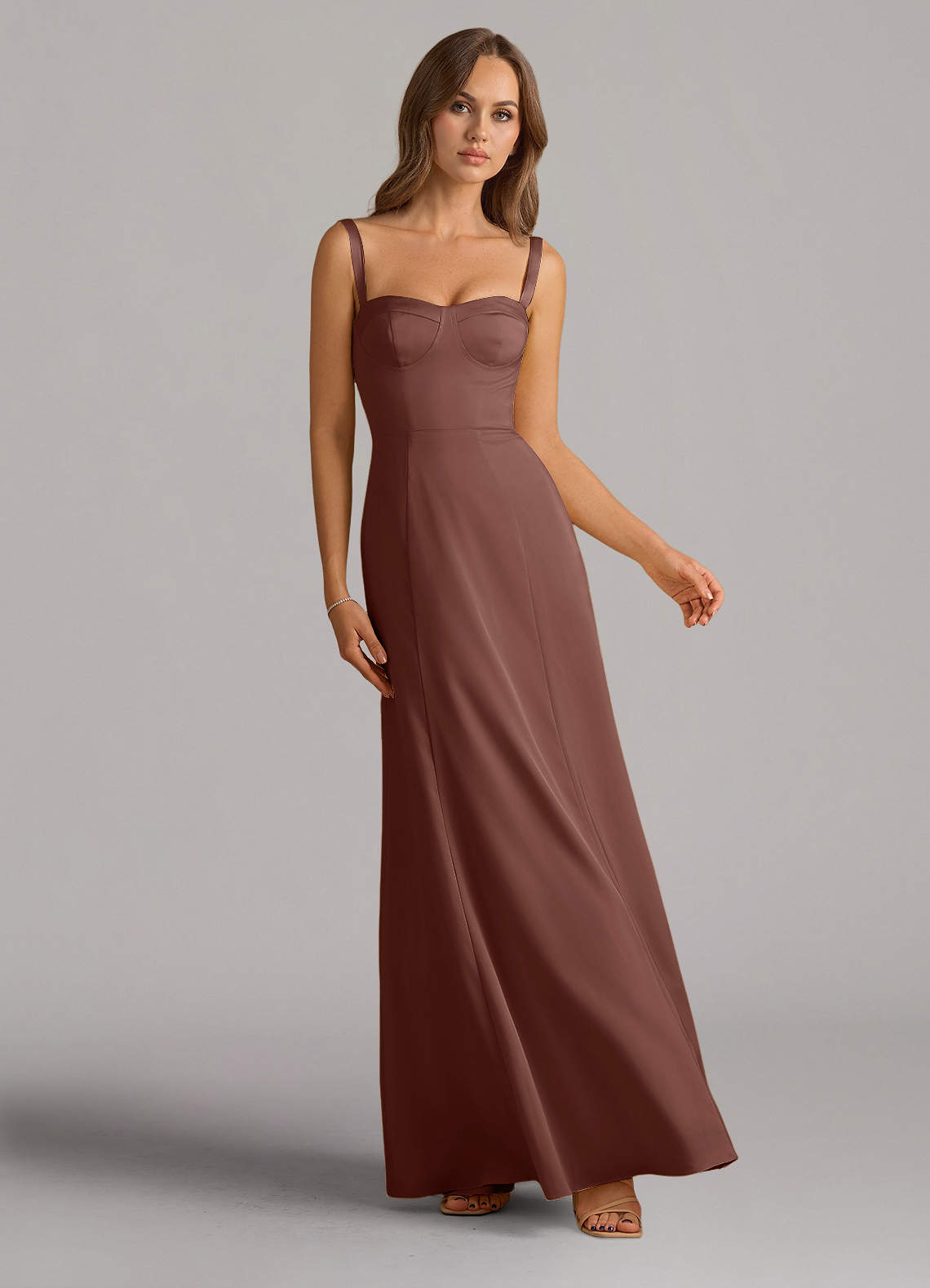 Azazie Amaris Vestidos de damas de honor Vestido de Expresado de Satén Elástico de Corte en A con Corsé image1