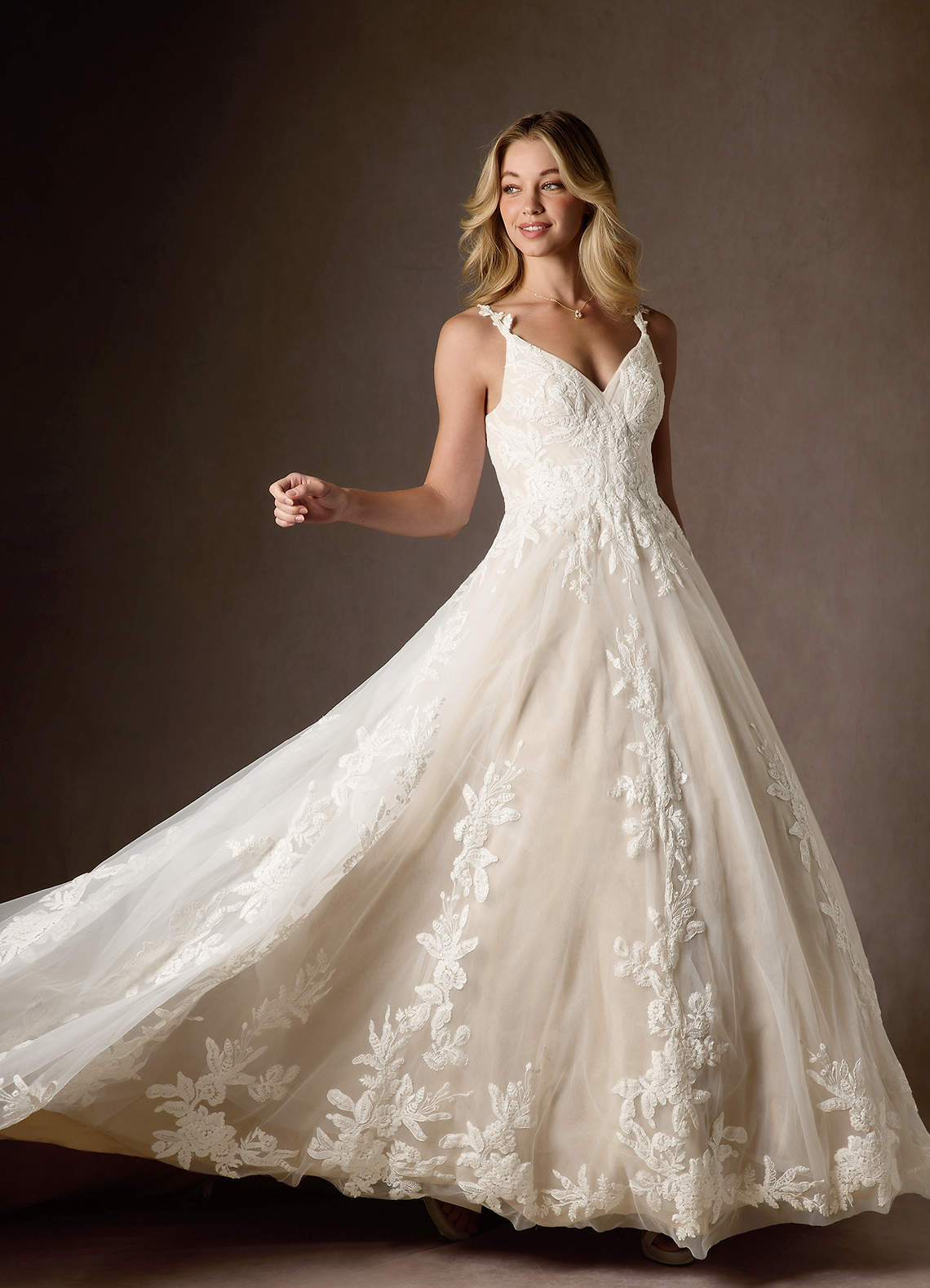 Azazie Delaina Wedding Dresses Diamond White Champagne A-Line V-Neck Sequins Tulle Dress image7