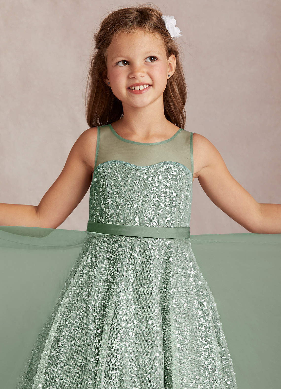 Azazie Siwa Blumenmädchenkleider A-Linie Mit Perlen Tüll Kleid Matcha image1
