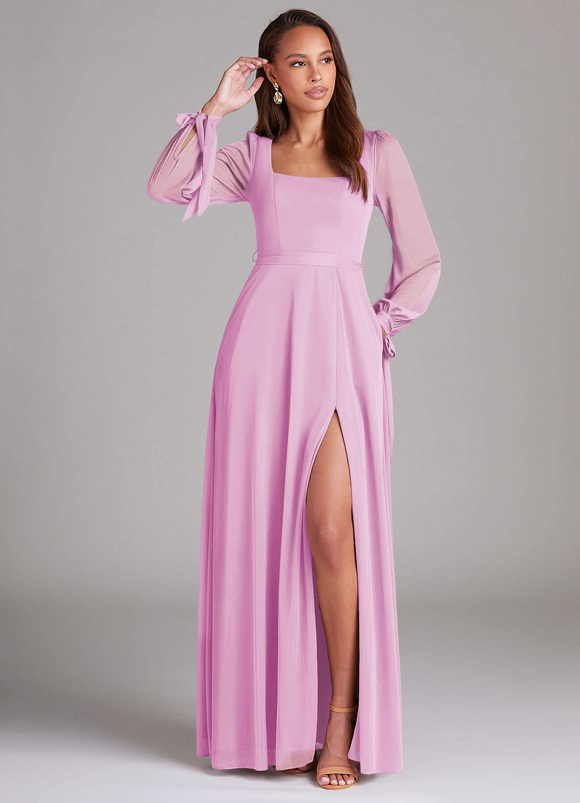 Azazie Leonia Robes de demoiselle d'honneur Robe Trapèze en Maille Manche longue Rose Bonbon image1