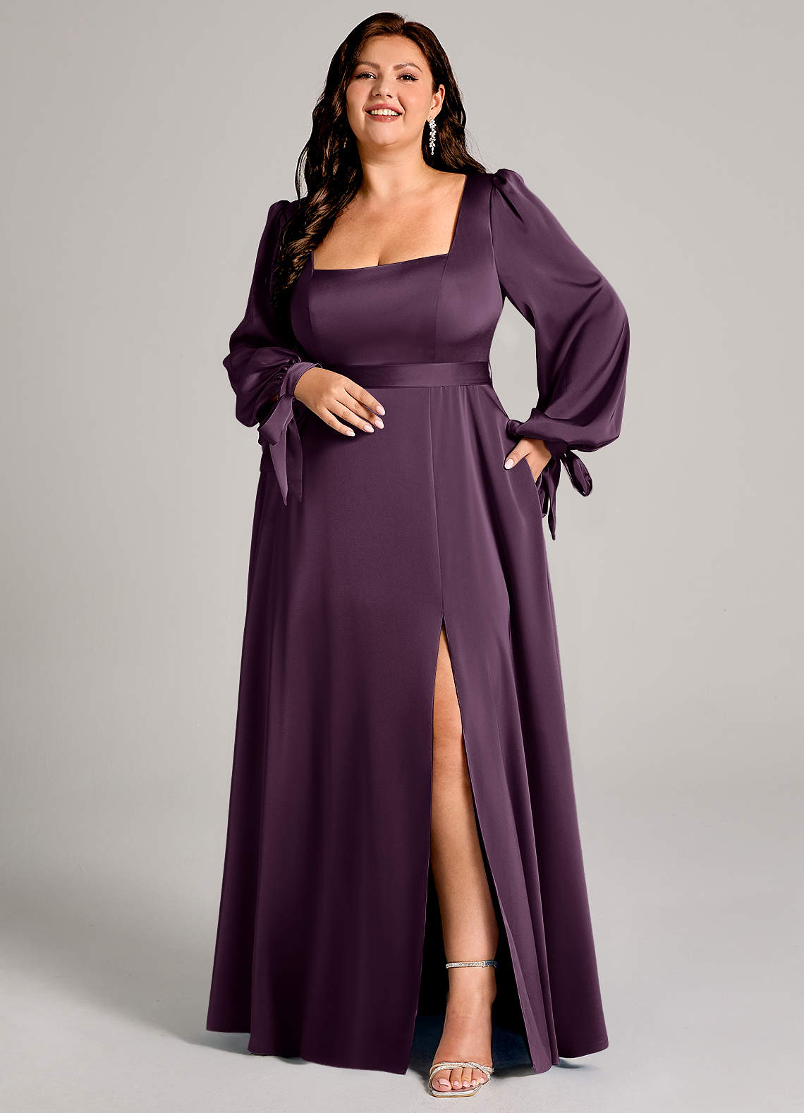 Azazie Leonia Bridesmaid Dresses Plum A-Line Long Sleeve Stretch Satin Dress image1