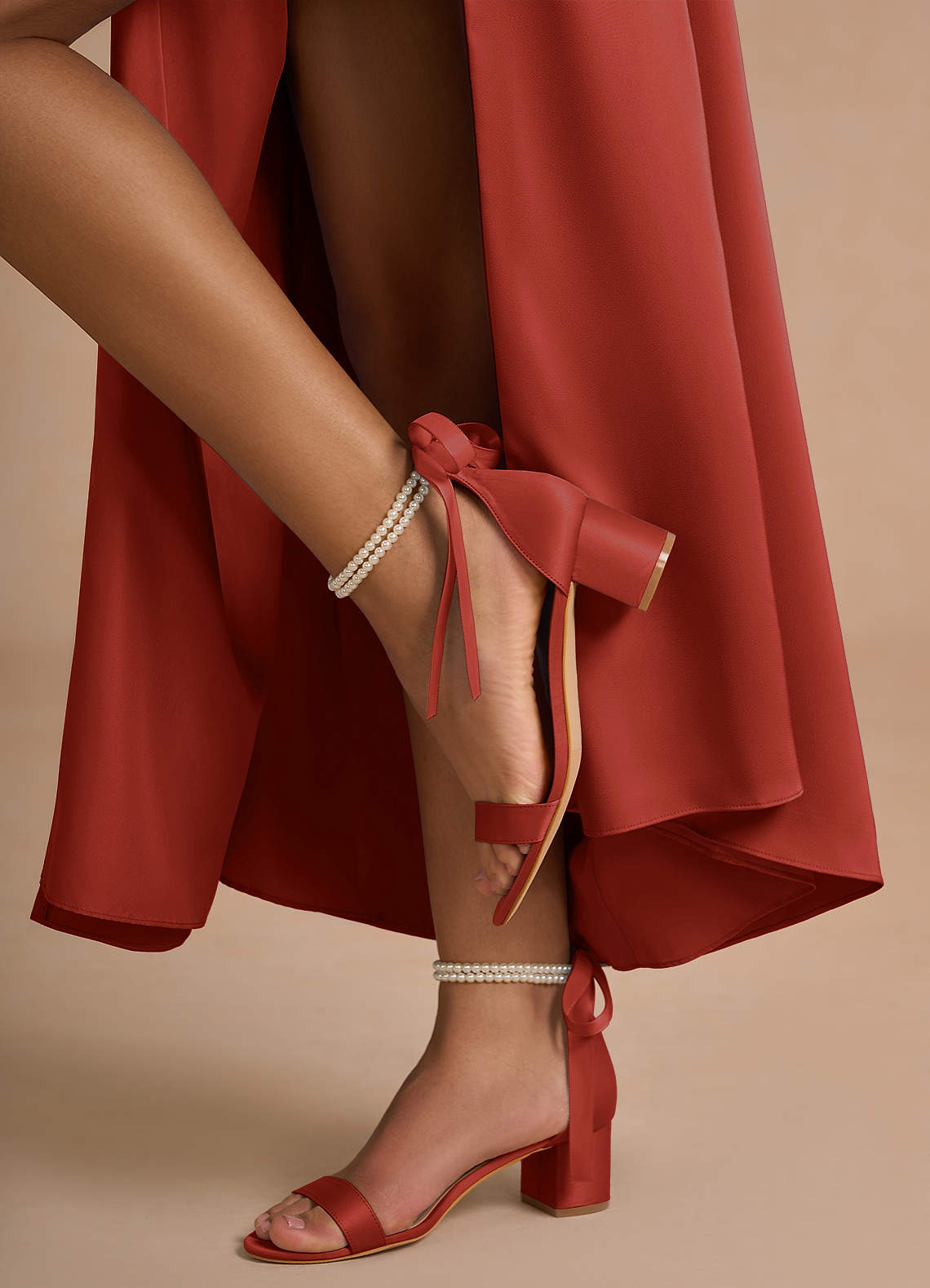 front Matching Color Matte Satin Pearl and Bow Open Toe Chunky Heel Sandals