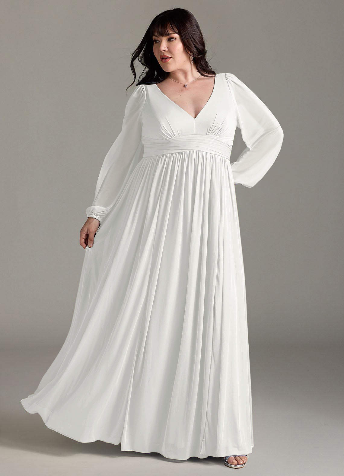 Azazie Norah Vestidos de madrinha de casamento Vestido Branco de Chiffon de Linha A com Manga comprida image7